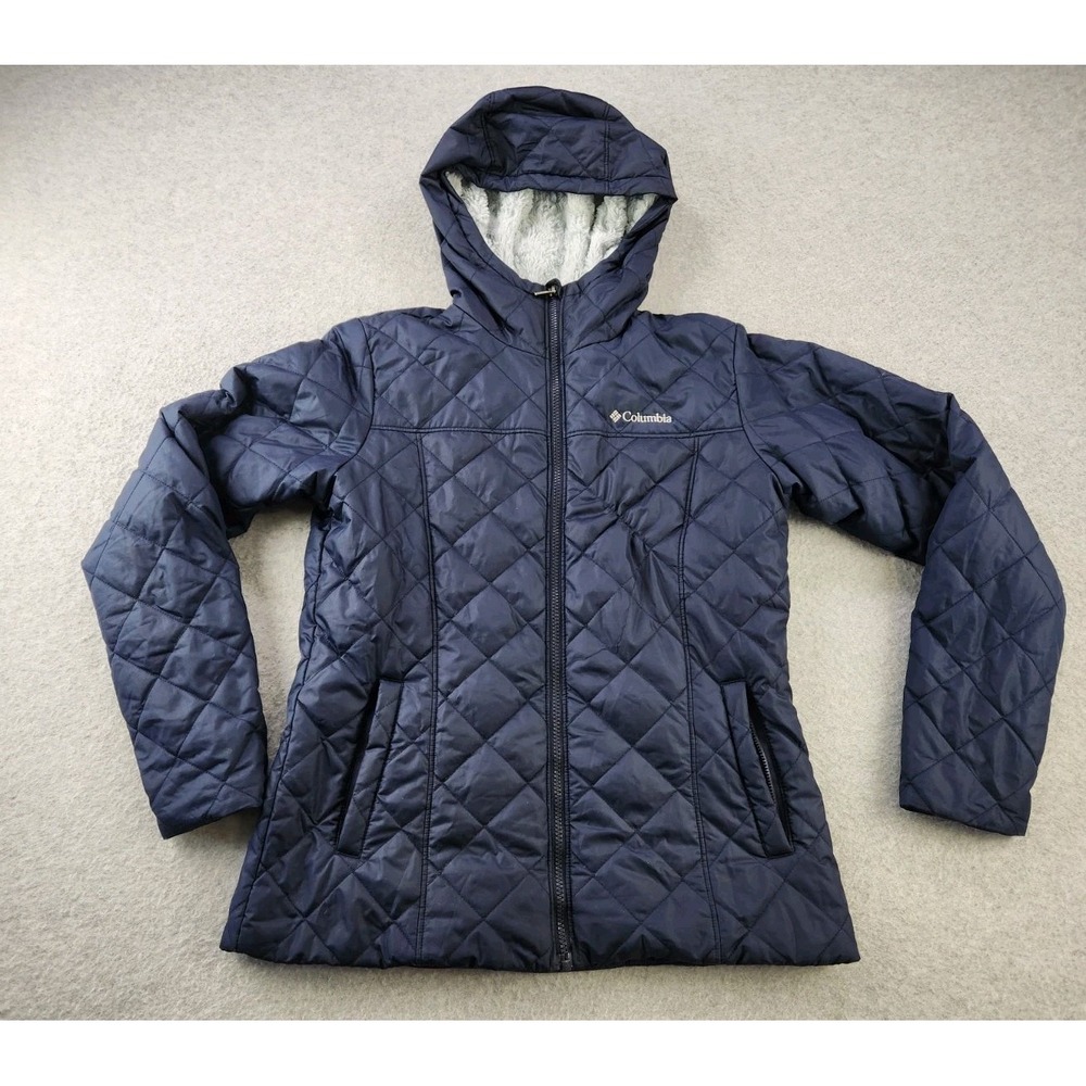 Columbia Copper Crest Jacket SMALL quilted Soft Faux Fur Lined Hooded Navy Blue